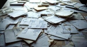 迷いや不安で思考がまとまらない状態を表現した散乱した紙のイメージ