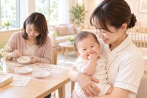 ひより芝浦のスタッフに赤ちゃんを見守ってもらいながら制作を楽しむポーセラーツ