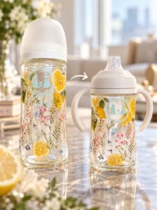 東京・港区SALON DE RAYのポーセラーツ体験レッスンで0歳児ママが制作した、レモンと草花のガラス哺乳瓶