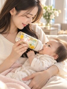 東京・港区SALON DE RAYのポーセラーツ体験レッスンで0歳児ママが制作した、レモンと草花のガラス哺乳瓶